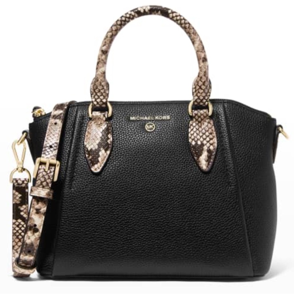 NWT MICHAEL KORS SIENNA MEDIUM SNAKE-EMBOSSED TOP-HANDLE BAG IN BLACK